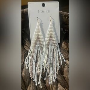 Gorgeous White, Tan & Silver Beaded Earrings